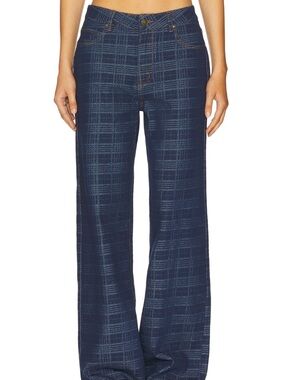Lioness Navy Plaid Wide-Leg Jeans